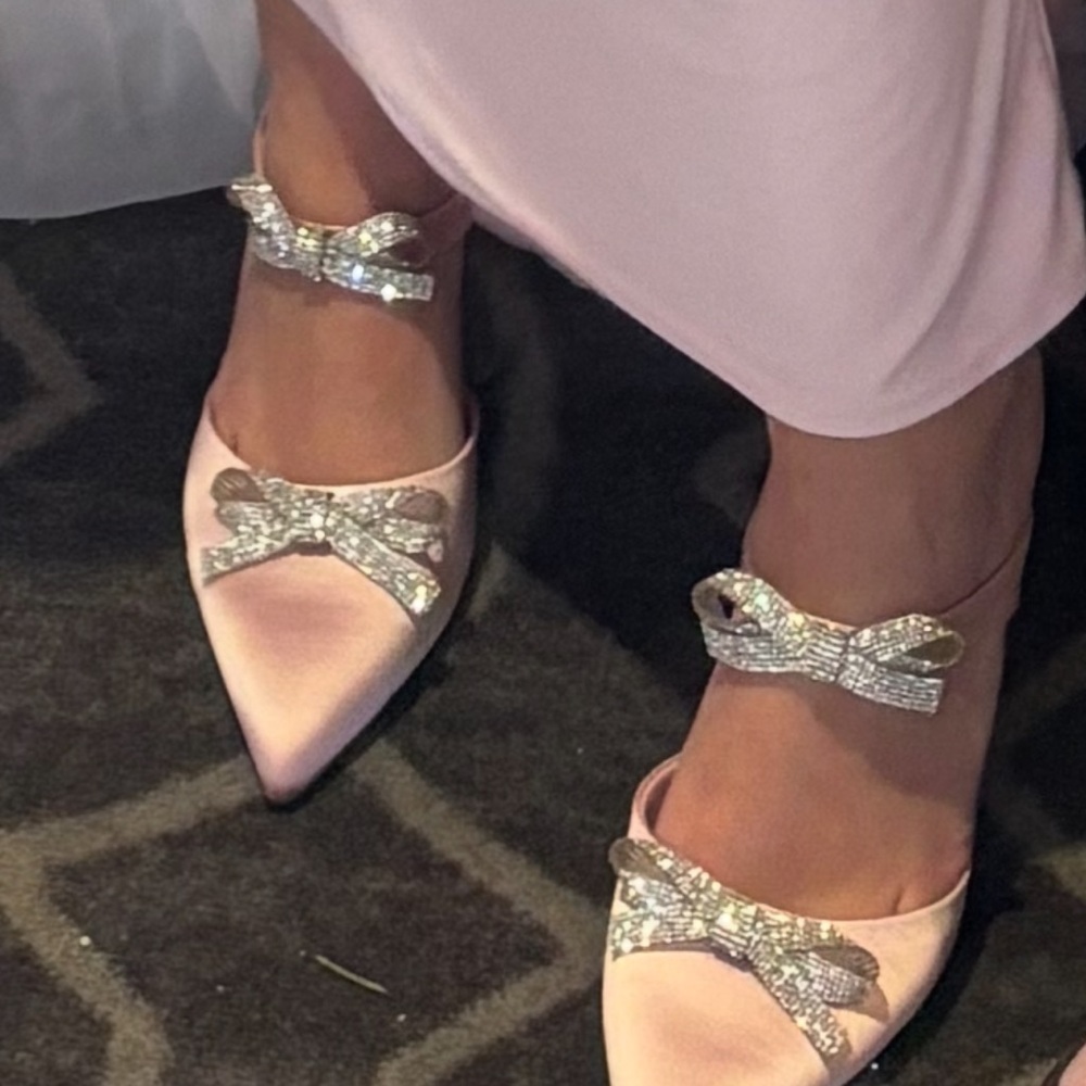 Elegant Pink Satin Dress with Rhinestone Heels
